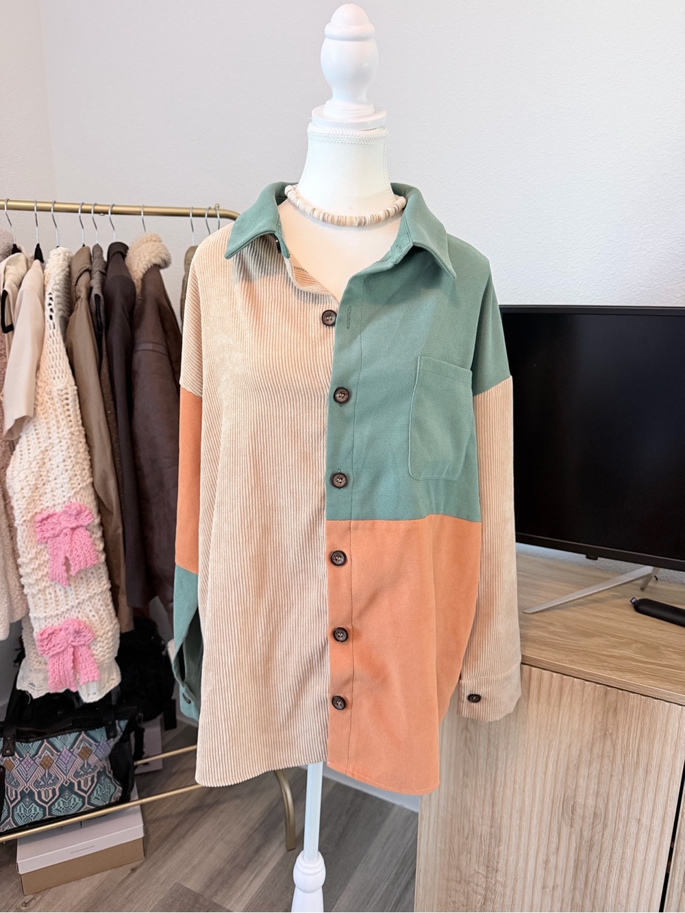 Colorblock Corduroy Button-Up Jacket - Green, Beige & Peach